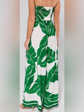 S - Green Palm Printed Strapless Jumpsuit